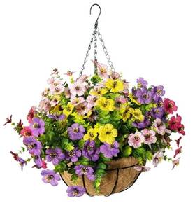 lot 16704 image: Artificial Hanging Flowers for Outdoors with Basket, UV Resistant Realistic Faux Hanging Plants Outdoor Artificial Flowers for Outdoors Basket for Yard Porch Patio Garden Home Decor - Retail $30