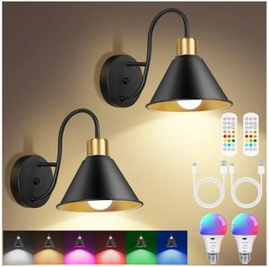 lot 16705 image: Rechargeable Wall Sconces Set of Two with Remote, RGB 15 Colors Dimmable Battery Operated Wall Lights, Indoor Black wall lamp with 4 Timer, Wireless Sconce Lighting for Living Room Bedroom - Retail $35