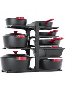 lot 16709 image: 8-Tier Pots and Pans Organizer under Cabinet, 15.83 Height Heavy Duty Pot Pan Organizer Kitchen Cabinet Organization and Storage, Adjustable Pot Rack for Frying Pan, Cast Iron Skillet, Black - Retail $33