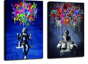 lot 16712 image: Framed Banksy Street Graffiti Wall Art Decor Large Abstract Pictures Canvas Painting Prints Colorful Modern Contemporary Poster Artwork Stretched for Wall Home Bathroom Bedroom Living Room Ready Hang, 16x12in. - Retail $24