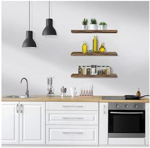 lot 16719 image: Floating Shelves for Wall - 15.5x6.5 Shelves, Wall Decor for Bedroom, Kitchen, Living Room, Home Decor & Book storage - Mounted Floating Shelf with Invisible Brackets (Rustic Brown, 3 Pack) - Retail $40
