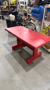lot 216 image: Red wooden table or desk 26 x 55 x 25 in