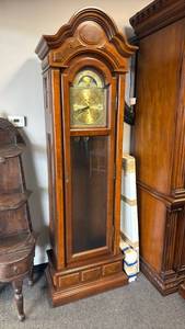 lot 250 image: G Burger grandfather clock 85 x 27 x 18 in (weights and pendulum are packed up beside clock)
