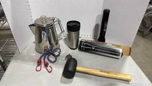 lot 1077 image: Camping coffee pot, MagLite flashlight, rubber mallet, pressure gauge and bungee