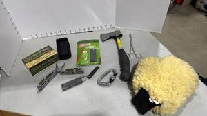 lot 1078 image: Axe, Scott Camping multi purpose tool, fire starters and more
