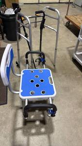 lot 1206 image: Shower chair, folding walker and 2 canes