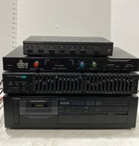 lot 2013 image: Sansui equalizer, Yamaha cassette deck, DBX expander and speaker selection system with power cords only