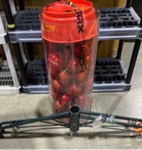lot 2027 image: Heavy duty tree stand and red ornaments