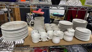 lot 2121 image: Gibson china plates, salad plates, bowls, coffee cups with saucers and pitcher total 64 pcs (chip on one salad plate)