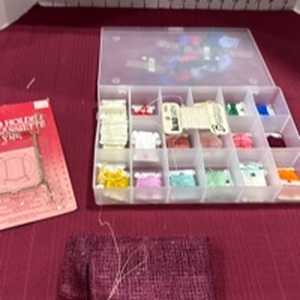 lot 2132 image: Cross stitch cards, embroidery thread and brass plated holder