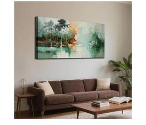 lot 1049 image: Acocifi Sage Green Landscape Canvas Wall Art 20x39, Forest Tree Lake Picture Textured Painting Large Artwork Framed for Living Room Bedroom Office Home Wall Decor