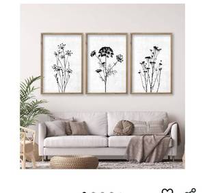 lot 1205 image: Flower Plant Wall Art Decor 16x11 Set of 3 Black And White Botanical Painting Wood Framed