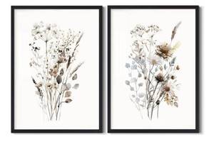 lot 1213 image: 2 Piece Watercolor Botanical Floral Wall Art Neutral Wildflower Painting Picture Vintage Minimalist Flower Bouquet Art Prints Boho Wall Decor for Farmhouse Kitchen Wall Decoration, 12x16 Inch Framed