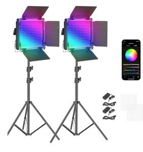 lot 1242 image: NEEWER 2 Pack 660 PRO RGB LED Video Light with App Control Tripod Stand Kit, Studio Panel Key Lighting for Gaming Streaming Zoom YouTube Webex Photography, 360° Full Color, 50W Dimmable, Bluetooth