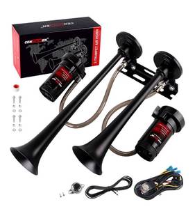 lot 1255 image: Dual 2-Trumpet Metal Air Horn for truck Kit with 2 air Compressors,12V 150dB Ultra Loud impact train car horn moto horn is suitable for pickupSUVBoat and other vehicles (Black with button)
