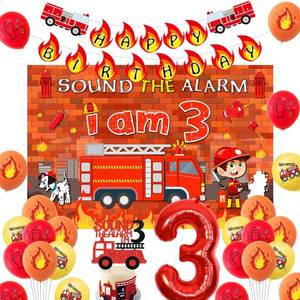 lot 1294 image: Balterever Fire Truck 3rd Birthday Decoration Sound the Alarm I Am 3 Birthday Decorations Sound the Alarm I Am Happy Bday Banner, Backdrop, Cake Topper Firemen Bday Decorations for 3rd Bday Supplies