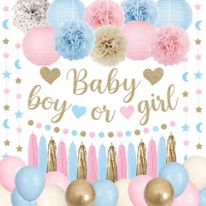 lot 1306 image: Ouddy Party Baby Gender Reveal Decorations, Pink Blue Sand White Balloons Glitter Boy or Girl Banner Moon Star Circle Garland Paper Tassels Lanterns for Boho Gender Reveal Birthday Party Supplies