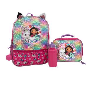 lot 1309 image: AI ACCESSORY INNOVATIONS Gabbys Doll House 4 Piece Backpack Set, Flip Sequin 16 School Bag for Girls with Front Zip Pocket, Pink