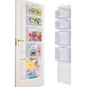 lot 1311 image: Over Door Organizer and Storage, Hanging Toy Holder with 4 Clear Removable Pouches, Toddler Room Wall Stuffed Animal Bag Case, Kids Playroom Closet Organization for Building Block, Puzzle