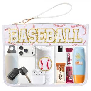 lot 1320 image: Bufilea Baseball Gift Clear Baseball Bag with Chenille Letter Patches, Waterproof PVC Toiletry Pouch with Wristlet, Large Portable Makeup Bag for Baseball Moms Essentials, Game Day & Travel Organizer