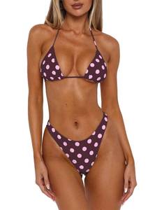 lot 1323 image: VnimVinter Women Polka Dot Bikini Sets Sexy Halter String Triangle High Cut Cheeky 2 Piece Bathing Suit (Pink Polka Dot in Brown, M)