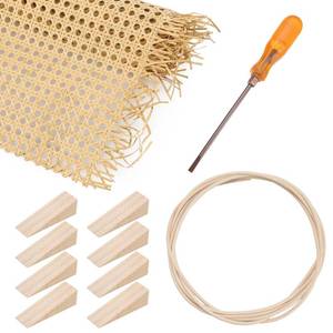 lot 1334 image: Leriton Rattan Repair Kits with 1 PC 14 Inch x 3.3 Feet Cane Webbing Roll, 1 PC 316 Inch Cane Webbing Spline & Caning Chisel, 8 Wooden Wedges for Chair, Cabinet, Home Caning Furniture Repair