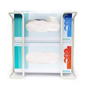 lot 1350 image: Glove Box Holder Wall Mount Dispenser for 2 Boxes - Powder Coated Metal Rack for Rubber Latex Nitrile Gloves and Tissue, Organizer for Kitchen, Medical, Lab, Garage, Office, Food Service, White