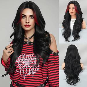 lot 1355 image: TRUMOST Red and Black Wig For Women Highlight Long Wavy Wig with Curtain Bang 26 Inch Synthetic Heat Resistant Wigs For Daily Wearing Party Gifts