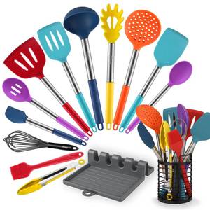 lot 1359 image: HOTEC 446°F Heat Resistant Silicone Kitchen Utensils, Cooking Utensil Set, Spatula Set, BPA Free, Kitchen Gadgets, Utensils Holder, Dishwasher Safe, 14pcs Multicolor