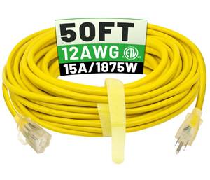 lot 1362 image: POWGRN 50 ft 123 Outdoor Extension Cord Waterproof Heavy Duty with Lighted Indicator End 12 Gauge 3 Prong, Flexible Cold-Resistant Long Power Cord Outside, 15Amp 1875W SJTW Yellow ETL Listed
