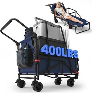 lot 131336 image: LEVELEVE Heavy Duty Folding Wagon - 2-in-1 Collapsible Cart, 400lb Capacity, All-Terrain Wheels wBrakes & Side Pockets (Blue)