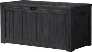 lot 131337 image: Devoko 100 Gallon Deck Box Resin Outdoor Storage Box Waterproof for Patio, Large Outdoor Storage Bench Lockable for Outside (Black)
