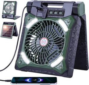 lot 131343 image: WESTTREE Solar Fan Battery Powered Rechargeable Solar Camping Fan with Led Lantern & Power Bank Foldable Angle USB Personal Fans for Travel Outdoor Camping Tents X98 Green