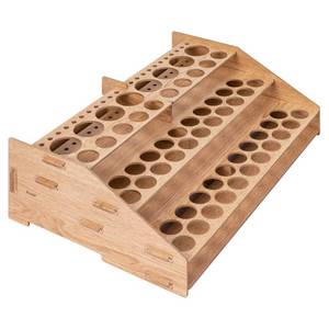 lot 131345 image: Craft Paint and Brush Organizer Rack for Paint Bottles, Holds up to 60 Bottles and 22 Brushes, Wood Finish, 14 x 8 in, Light Brown