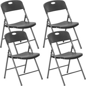 lot 231446 image: Retails for $110 DUMOS 4 Pack Folding Chairs Heavy Duty - Plastic Stackable Portable Dining Chairs Set, Wedding, Party, Patio, Garden, for Indoor Outdoor, for Home and Office, Conference, Black