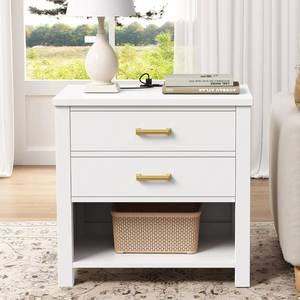 lot 231447 image: Retails for $110 24 Solid Wood Nightstand with Charging Station, White End Table with 2 Drawers and Open Shelf, Bedside Table with Storage, Modern Side Table for Bedroom, Metal Knobs