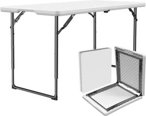 lot 231453 image: Folding Table 4ft - Heavy Duty Fold-in-Half Plastic Table with Adjustable Height, Portable Utility Tables with Steel Legs for Indoor, Outdoor, Picnic, Camping, Dining, Party (White)