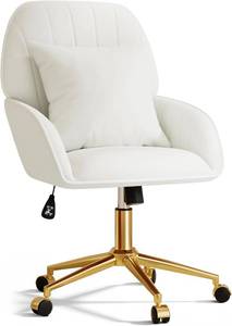 lot 231462 image: Retails for $104 Home Office Desk Chair Comfy with Adjustable Swivel Wheels, Modern Velvet Makeup Vanity Chair with Back & Pillow, Ergonomic Office Chair Computer Task Chair for Living Room, Bedroom, Yellow