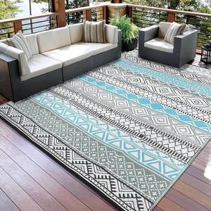 lot 331156 image: GarveeLife Outdoor Patio Rug 9x18 Waterproof Plastic Straw Rug, Reversible UV Resistant Foldable Camping Carpet Portable Modern Geometric Outdoor Floor Mat for Rv, Backyard, BlueGrey