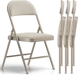 lot 331169 image: 4 Pack Folding Chairs, Fabric Padded Folding Dining Chairs with Cushion Seat & Back, Indoor Outdoor Folding Chair Set for Home Office, Parties, Events, Wedding, Extra Guest Seating