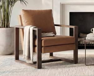 lot 331184 image: Retails for $216 CIMOTA Modern Mid Century Accent Chair Comfy Armchair with 8.5 Thick Cushion & Armrests Upholstered Leather Reading Lounge Chair with Metal Frame for Living Room Bedroom Office, Walnut Finish Brown