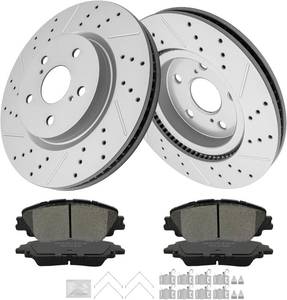 lot 331185 image: Retails for $118 Front Brakes and Rotors Kit, Ceramic Brake Pads and Drilled and Slotted Brake Rotors,Fit for Toyota Camry Corolla Cross RAV4 Avalon Venza C-HR, Lexus ES250 ES300h ES350 UX200 UX250h