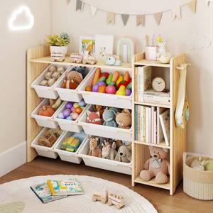 lot 431329 image: DOREROOM Toy Storage Organizer with Bookshelf, Kids Toy Storage and Organizers with 3 Shelves9 Bins3 Hooks, Bin Shelf, Toy Organization for Playroom, Nursery, Bedroom, Toddler Room  Wood & White