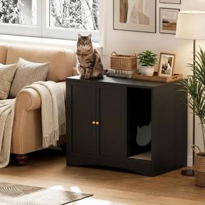 lot 431346 image: AUN Cat Litter Box Enclosure Hidden Cabinet, Easy Clean Steel Frame Pet House Furniture, Cat Washroom with Curved Entry, Dog-Proof, Black, 31.5x19.6x27.5 Inches, Indoor Use