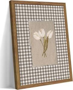 lot 171299 image: Vintage White Tulips Framed Canvas Wall Art   Brown Gingham Botanical Painting Print, Rustic Farmhouse Floral Picture for Living Room Bedroom Nursery Office Home Decor 8x10 inch