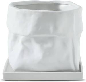 lot 171304 image: Nihow Ceramic Plant Pot 8 Inch Planter with Drainage Hole & Square Saucer for HerbsPlants, Bag Shape Design Flower Pot for Indoor & Outdoor Garden Decor - White