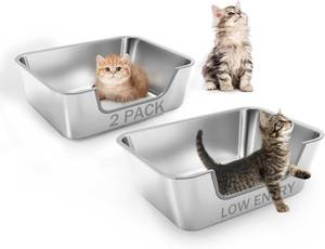 lot 171310 image: 2 Pack Stainless Steel Cat Litter Box with Low Entry,Litter Pan for Small and Medium Cats,Easy to Clean,Non-Stick,Odor-Free,Suitable for Kittens,Senior Cats and Injured Pets,15.7x11.8x5.9