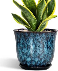 lot 171318 image: 8 Inch Plant Pot - Ceramic Planter for Indoor Outdoor, Round Planter with Drainage Hole and Saucer, Modern Planters, Flower Pots, Apartment Porch Room Home Decor, Gardening Gifts, Blue