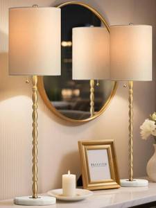 lot 171343 image: Buffet Lamps Set of 2, 28.5 H Modern Luxury Lamps with Marble Base, Brass Finish and Linen Shade, UL Certified   Elegant Lighting for a Warm Atmosphere in Entryway, Living or Dining Room