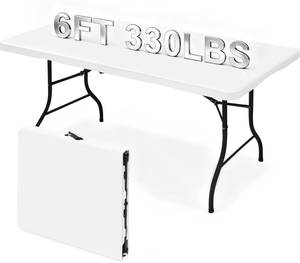 lot 271347 image: Heavy Duty 6ft Folding Table, Portable Fold-in-Half 6 Foot Foldable Table, Table of Utility Dining Indoor Outdoor with Carrying Handle for Camping Picnic and Party, White